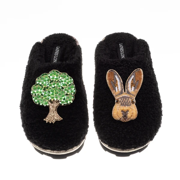 Laines London Teddy Closed Toe Slippers With Hare & Oak Tree Brooches