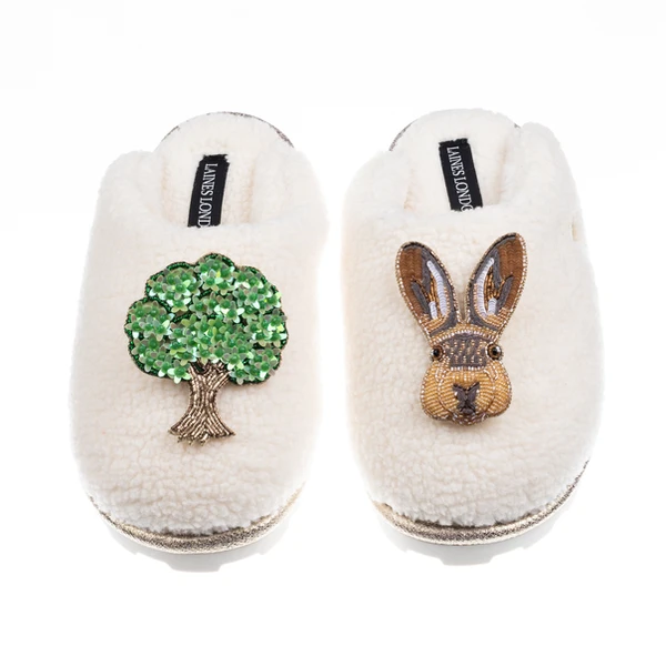 Laines London Teddy Closed Toe Slippers With Hare & Oak Tree Brooches
