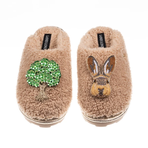 laines london Teddy Closed Toe Slippers With Hare & Oak Tree Brooches