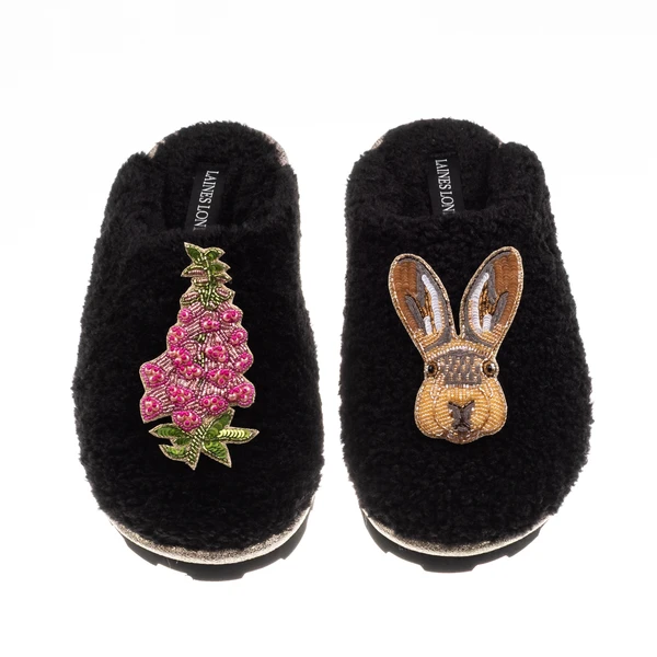 Laines London Teddy Closed Toe Slippers With Hare & Pink Foxglove Brooches