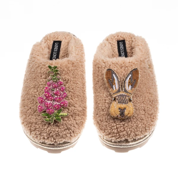 Laines London Teddy Closed Toe Slippers With Hare & Pink Foxglove Brooches