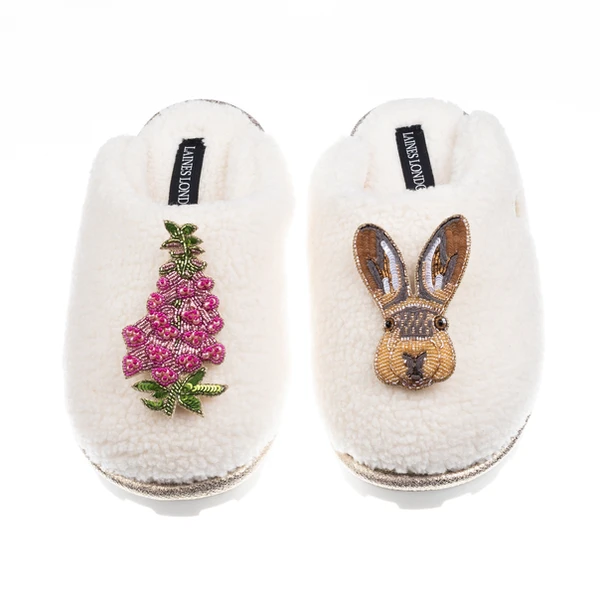 Laines London Teddy Closed Toe Slippers With Hare & Pink Foxglove Brooches