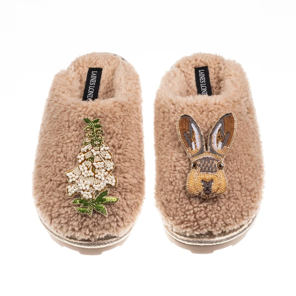 Laines London Teddy Closed Toe Slippers With Hare & White Foxglove Brooches