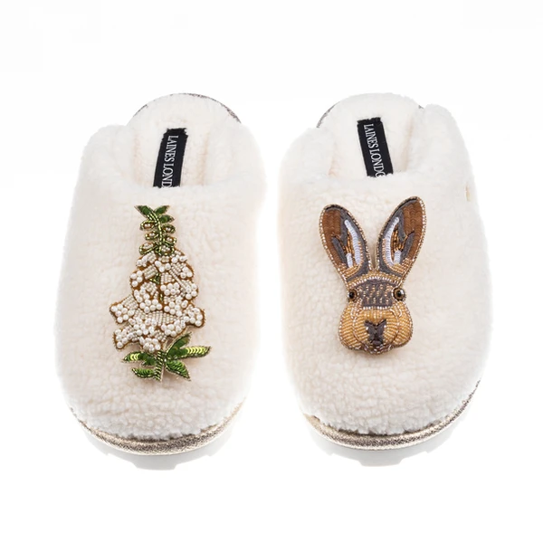 Laines London Teddy Closed Toe Slippers With Hare & White Foxglove Brooches