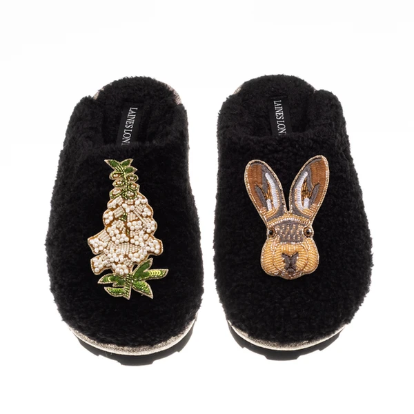 laines london Teddy Closed Toe Slippers With Hare & White Foxglove Brooches
