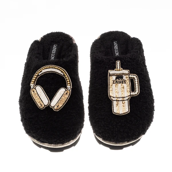 Laines London Teddy Closed Toe Slippers With Headphones & Quencher Brooches