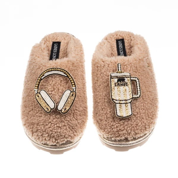 Laines London Teddy Closed Toe Slippers With Headphones & Quencher Brooches