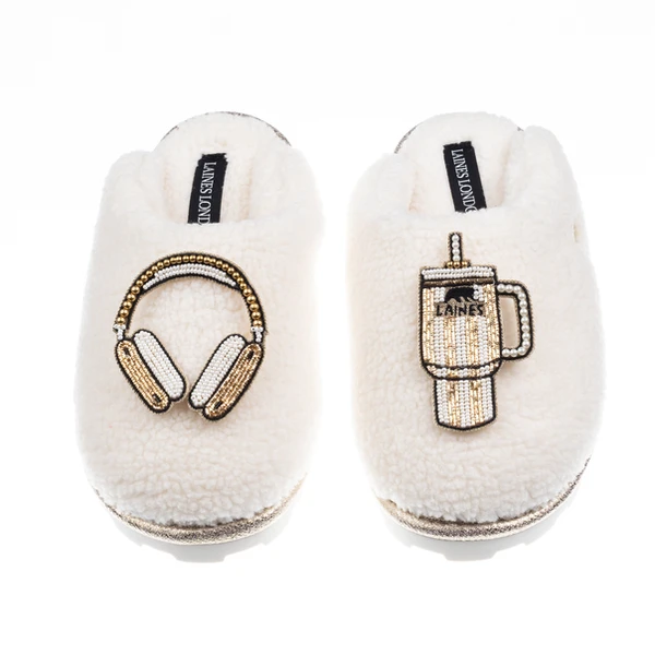 laines london Teddy Closed Toe Slippers With Headphones & Quencher Brooches