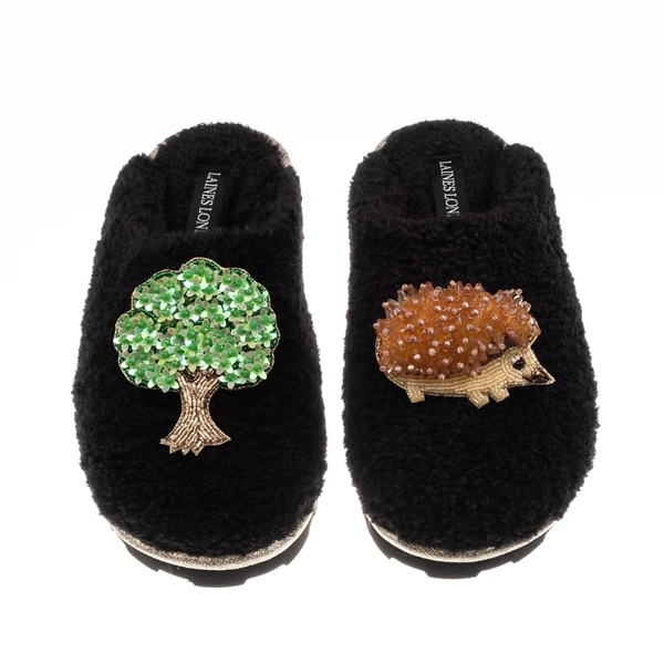 Laines London Teddy Closed Toe Slippers With Hedgehog & Oak Tree Brooches