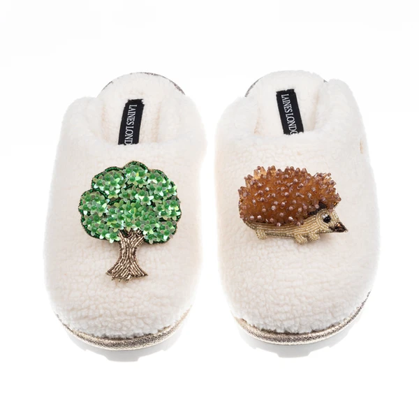 Laines London Teddy Closed Toe Slippers With Hedgehog & Oak Tree Brooches