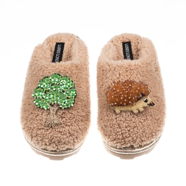 Laines London Teddy Closed Toe Slippers With Hedgehog & Oak Tree Brooches