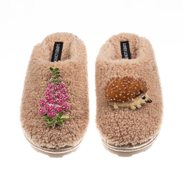 Laines London Teddy Closed Toe Slippers With Hedgehog & Pink Foxglove Brooches