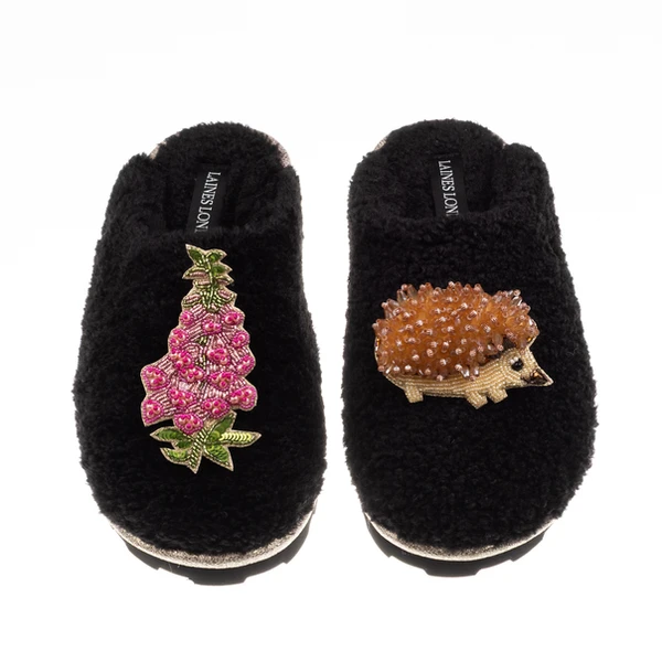 Laines London Teddy Closed Toe Slippers With Hedgehog & Pink Foxglove Brooches