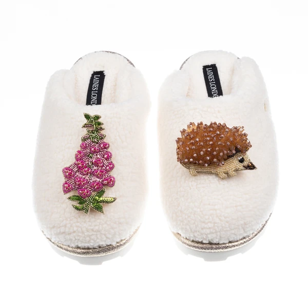 Laines London Teddy Closed Toe Slippers With Hedgehog & Pink Foxglove Brooches