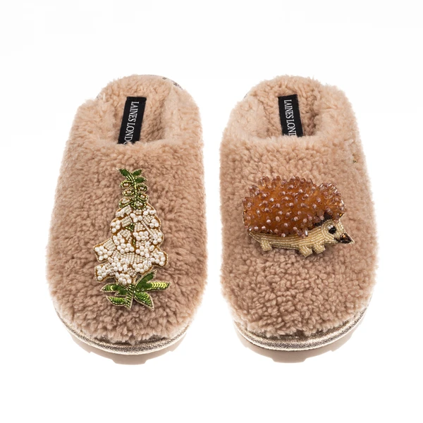 Laines London Teddy Closed Toe Slippers With Hedgehog & White Foxglove Brooches
