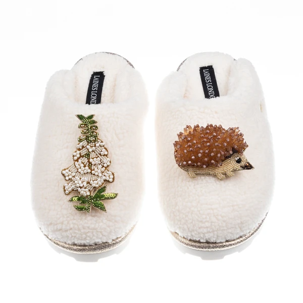 Laines London Teddy Closed Toe Slippers With Hedgehog & White Foxglove Brooches