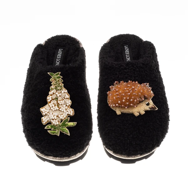 Laines London Teddy Closed Toe Slippers With Hedgehog & White Foxglove Brooches