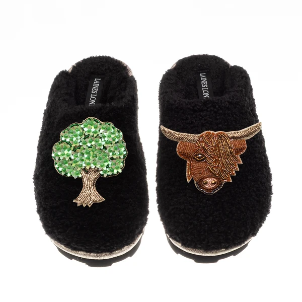Laines London Teddy Closed Toe Slippers With Highland Cow & Oak Tree Brooches