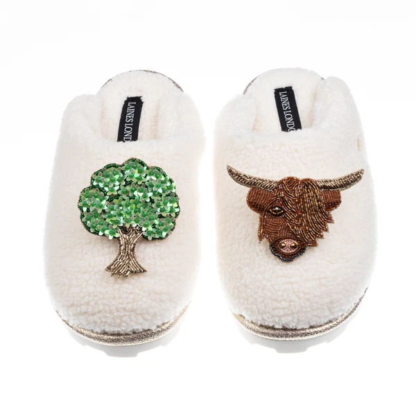 Laines London Teddy Closed Toe Slippers With Highland Cow & Oak Tree Brooches