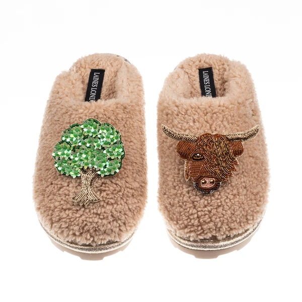 Laines London Teddy Closed Toe Slippers With Highland Cow & Oak Tree Brooches