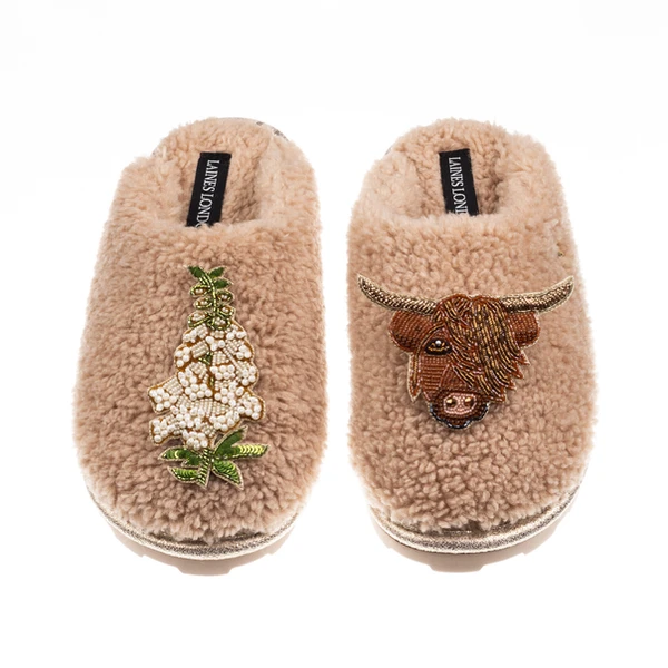 Laines London Teddy Closed Toe Slippers With Highland Cow & White Foxglove Brooches