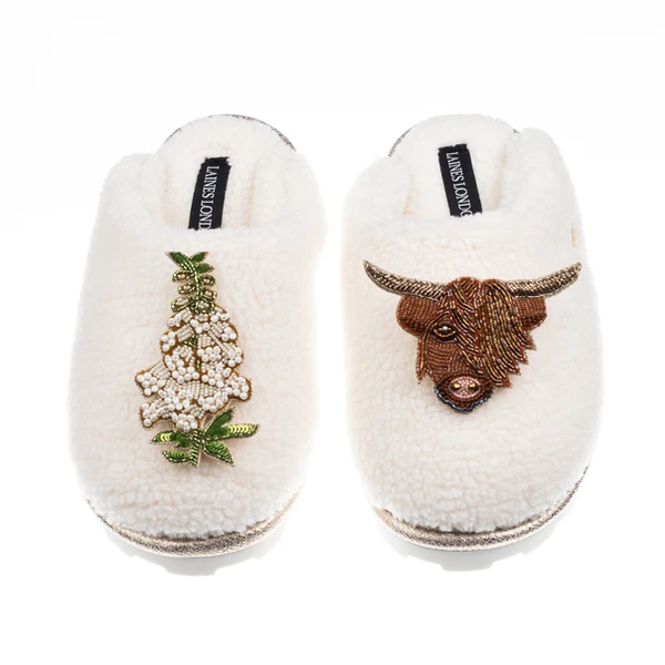 Laines London Teddy Closed Toe Slippers With Highland Cow & White Foxglove Brooches
