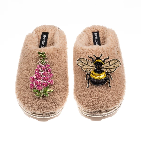 Laines London Teddy Closed Toe Slippers With Honeybee & Pink Foxglove Brooches