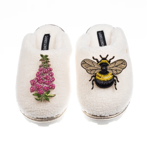 Laines London Teddy Closed Toe Slippers With Honeybee & Pink Foxglove Brooches