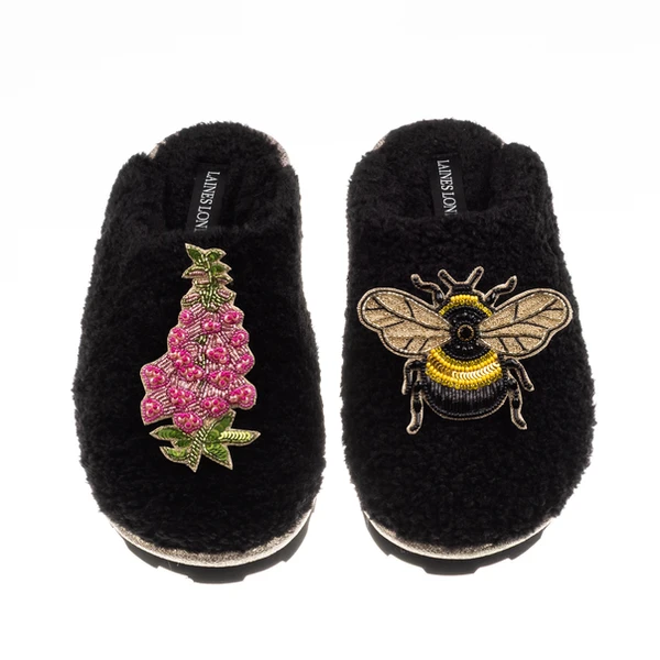 Laines London Teddy Closed Toe Slippers With Honeybee & Pink Foxglove Brooches