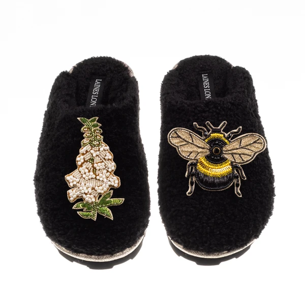 Laines London Teddy Closed Toe Slippers With Honeybee & White Foxglove Brooches
