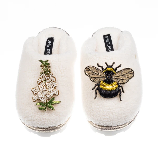 Laines London Teddy Closed Toe Slippers With Honeybee & White Foxglove Brooches