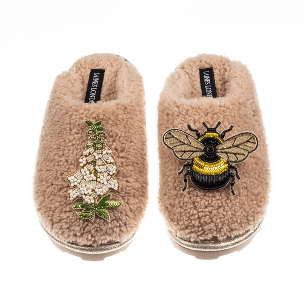 laines london Teddy Closed Toe Slippers With Honeybee & White Foxglove Brooches