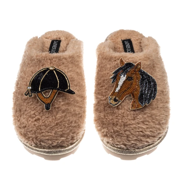 Laines London Teddy Closed Toe Slippers With Horse & Riding Hat Brooches