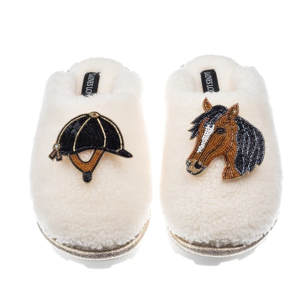 Laines London Teddy Closed Toe Slippers With Horse & Riding Hat Brooches