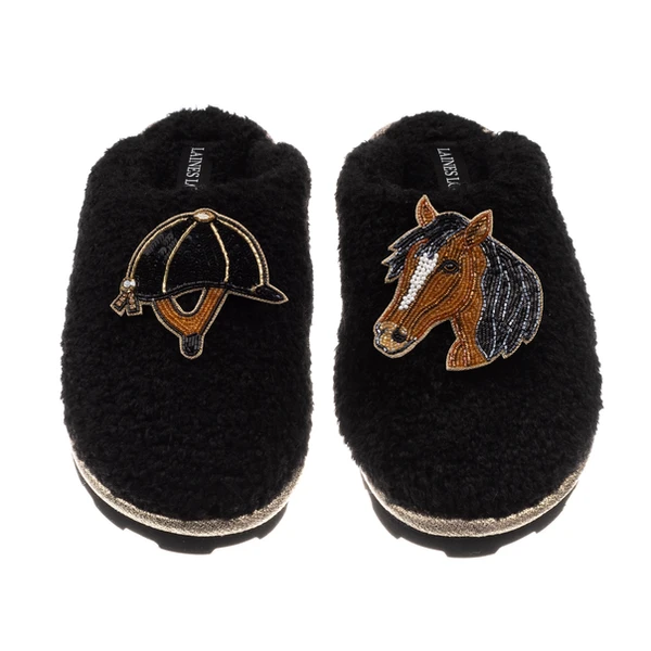 laines london Teddy Closed Toe Slippers With Horse & Riding Hat Brooches