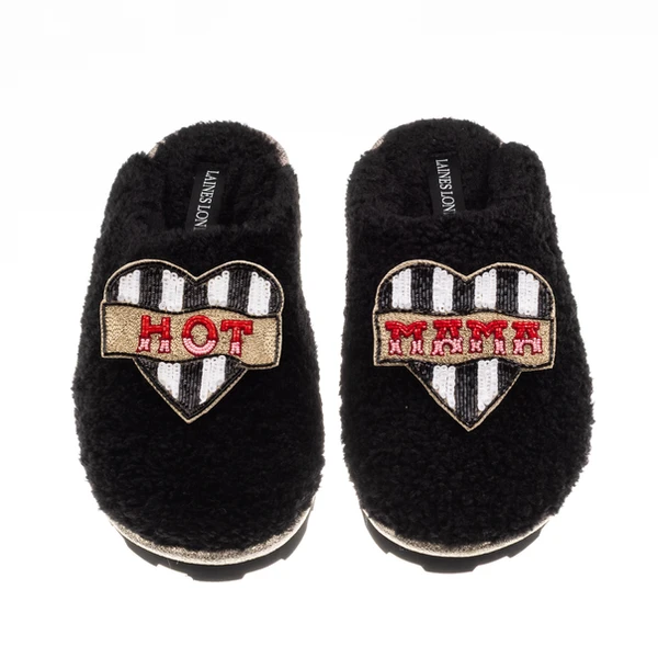 Laines London Teddy Closed Toe Slippers With Hot Mama Brooches