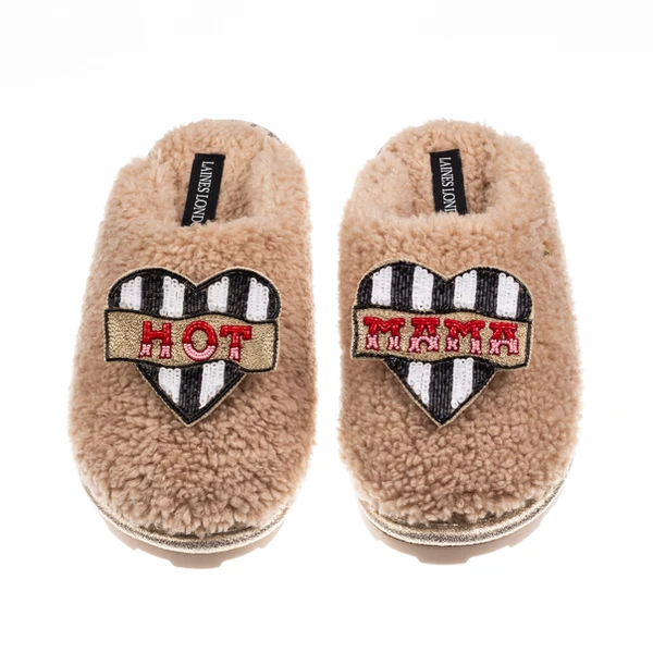 Laines London Teddy Closed Toe Slippers With Hot Mama Brooches