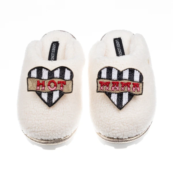 laines london Teddy Closed Toe Slippers With Hot Mama Brooches