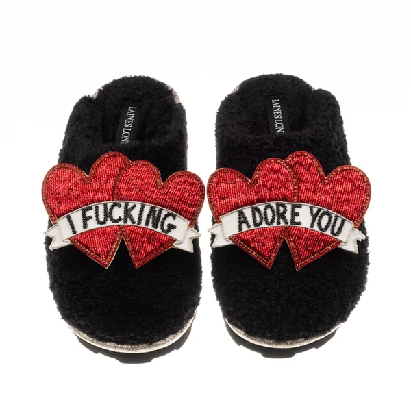 Laines London Teddy Closed Toe Slippers With I Fucking Adore You Brooches