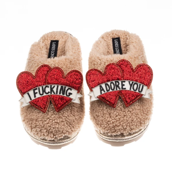 Laines London Teddy Closed Toe Slippers With I Fucking Adore You Brooches