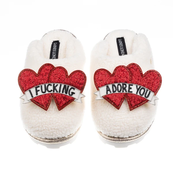 Laines London Teddy Closed Toe Slippers With I Fucking Adore You Brooches