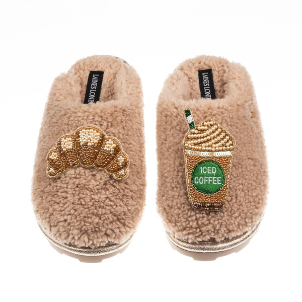 Laines London Teddy Closed Toe Slippers With Iced Coffee & Croissant Brooches