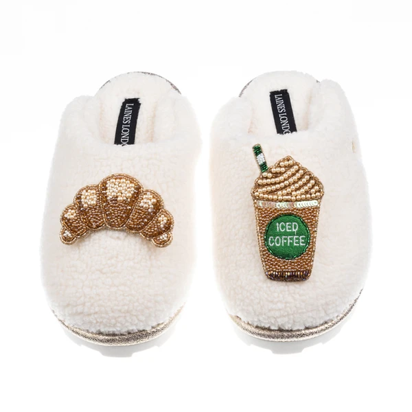 Laines London Teddy Closed Toe Slippers With Iced Coffee & Croissant Brooches