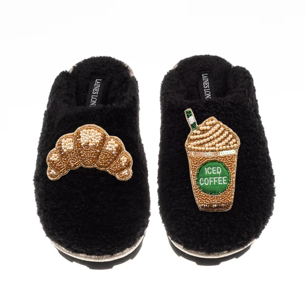 laines london Teddy Closed Toe Slippers With Iced Coffee & Croissant Brooches
