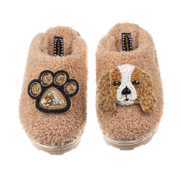 Laines London Teddy Closed Toe Slippers With Lady & Paw Brooches
