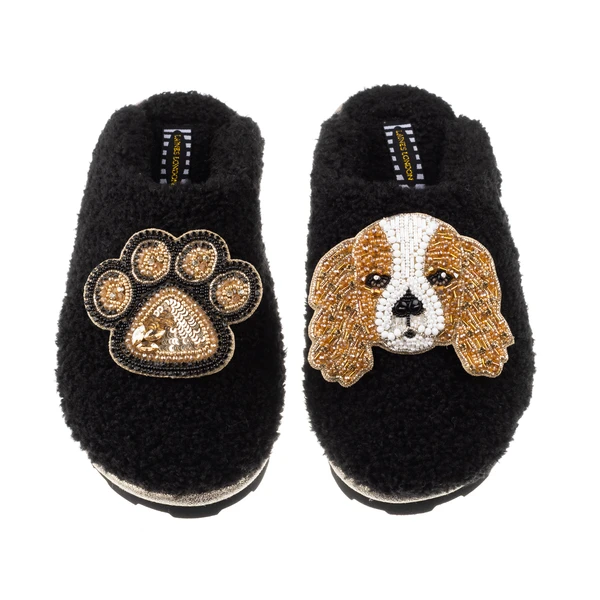 Laines London Teddy Closed Toe Slippers With Lady & Paw Brooches