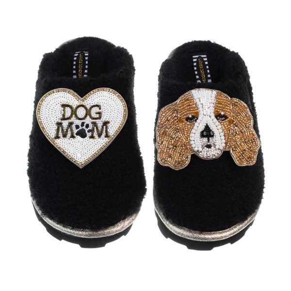 Laines London Teddy Closed Toe Slippers With Lady The Cavalier & Dog Mum / Mom Brooches
