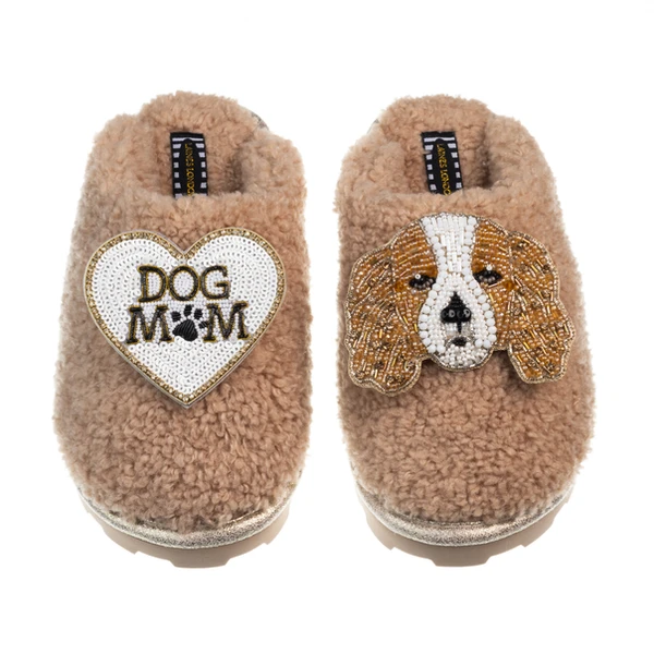 Laines London Teddy Closed Toe Slippers With Lady The Cavalier & Dog Mum / Mom Brooches