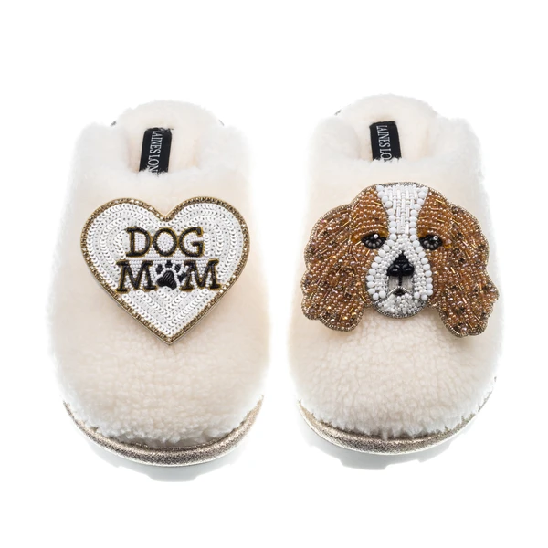 Laines London Teddy Closed Toe Slippers With Lady The Cavalier & Dog Mum / Mom Brooches