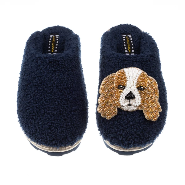 Laines London Teddy Closed Toe Slippers With Lady The King Charles Cavalier Brooch